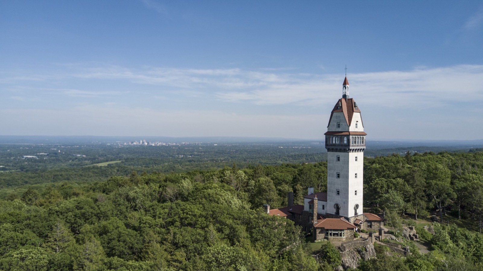 Heublein Tower on Talcott Mountain above Simsbury, Connecticut, with Hartford in the distance